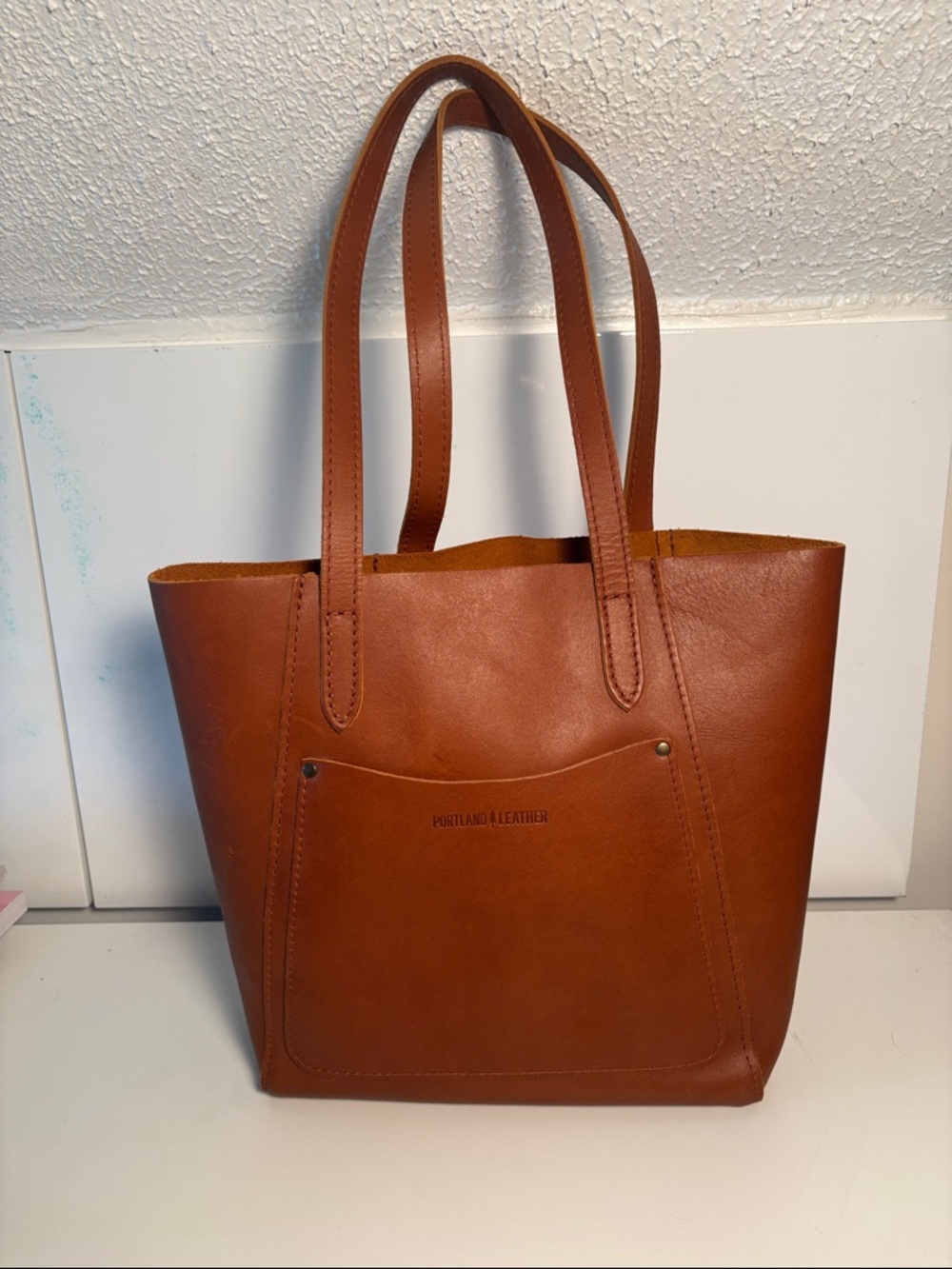 Portland Leather Cognac Leather Tote with Front Pocket